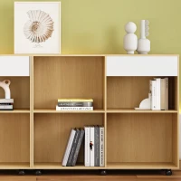 Armoires avec étagères et roulettes, MDF + panneau de particules, combinables de manière flexible, 222×34×95 cm,Naturel+Blanc(m-5)