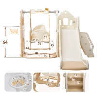 Scivolo per bambini 5-in-1 con altalena, arrampicata, canestro da basket e spazio di stoccaggio, 179×184×103 cm,Marrone+Bianco(m-4)