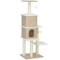 PawHut Arranhador para Gatos em Borrego com 2 Cavernas Plataformas Bolas Suspensas e Poste de Sisal 48x40x140 cm Marrom Claro(m-11)