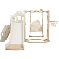 Scivolo per bambini 5-in-1 con altalena, arrampicata, canestro da basket e spazio di stoccaggio, 179×184×103 cm,Marrone+Bianco(m-11)