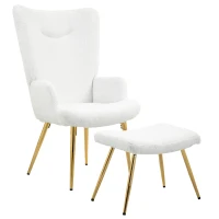HOMCOM Oorfauteuil met Voetenbankje, Hoge Rugleuning, Sherpa-Bekleding, Vergulde Metalen Poten, tot 120 kg, Wit(m-10)