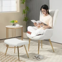 HOMCOM Oorfauteuil met Voetenbankje, Hoge Rugleuning, Sherpa-Bekleding, Vergulde Metalen Poten, tot 120 kg, Wit(m-6)