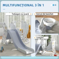 AIYAPLAY Set Tobogan cu Leagăn și Coș de Baschet pentru Copii 18-48 Luni, 150x185x92 cm, Gri(m-4)