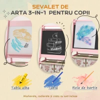 AIYAPLAY Tablă de Scris 3 În-1 pentru Copii 3-8 Ani din Lemn, 54x46,5x93 cm, Roz(m-4)