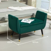 HOMCOM Ławka z Miejscem na Przechowywanie, Podłokietniki, Aksamitny Poliester, Drewno Kauczukowe, 107 x 42 x 65 cm, Zielony(m-3)
