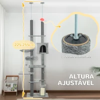 PawHut Arranhador para Gatos de Solo ao Teto com Altura Ajustável Rampa e Bolas de Brincar 60x48x225-255 cm Cinza(m-4)