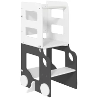 AIYAPLAY Torre de Aprendizagem 4 em 1 para Crianças em Forma de Carro Convertível em Mesa e Cadeira 58x46x92 cm Branco e Cinza(m-11)