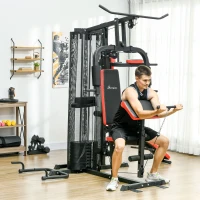 SPORTNOW Multifunctionele Trainingsstation met 65 kg Gewichtsblok, Verstelbaar, Voor Thuis Fitness, Staal, Kunstleer(m-2)