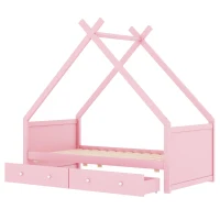 Letto per bambini a forma di casa, due cassetti sotto, senza materasso, 90×200 cm, Rosa(m-8)