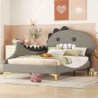Letto Imbottito per Bambini 4+ Anni a Forma di Dinosauro con Doghe in Legno, Rivestimento in Pelle PU, Senza Materasso, 90×200 cm, Grigio(m-8)