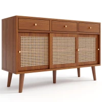 Sideboard 120 cm breit, Rattan Design mit verstellbaren Ablagen, massives Holzbein, für Wohnzimmer, Walnuss(m-10)