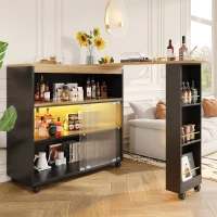 Table de bar extensible avec rangement, avec LED, Table haute bistrot îlot de cuisine, Grand espace de rangement, 138-204×39×105 cm, Noir(m-1)