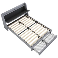 Letto imbottito con vano contenitore nella testiera, presa USB e cassetti alla base, senza materasso,140×200 cm, Grigio(m-9)