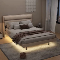 Letto imbottito moderno, con design sospeso e luce sensore, 140×200 cm,senza materasso,Beige(m-5)