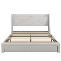 Lit rembourré 140x200 cm, avec rangement intégré dans la tête de lit, prise USB, et tiroirs au pied, sans matelas, Beige(m-2)