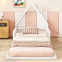 Letto Montessori a Forma di Casetta con Doghe in Legno, Letto per Cameretta per Bambini 4+ Anni, Senza Materasso, 90x200 cm, Bianco(m-5)