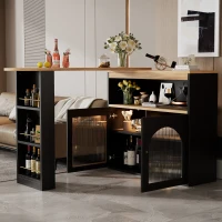Table de bar extensible moderne, table à manger avec rangement, rotatif, avec bande lumineuse LED, 138-193×39×105 cm, Noir(m-6)