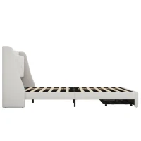 Lit rembourré 140x200 cm, avec rangement intégré dans la tête de lit, prise USB, et tiroirs au pied, sans matelas, Beige(m-10)