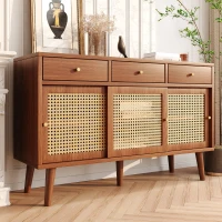 Sideboard 120 cm breit, Rattan Design mit verstellbaren Ablagen, massives Holzbein, für Wohnzimmer, Walnuss(m-1)