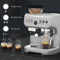 HOMCOM 15 Bar Coffee Machine, with Adjustable Grind, Steamer and Accessories - Silver Colour(m-7)