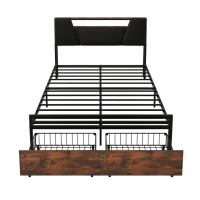 Lit multifonction 140×200 cm, avec éclairage d'ambiance changeant de couleur, prise USB et tiroirs de rangement, sans matelas, Brun(m-7)