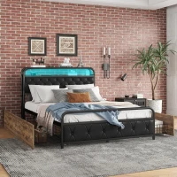 Lit multifonction 140×200 cm, avec éclairage d'ambiance, prises USB et 4 tiroirs,sans matelas, Noir(m-5)