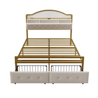 Lit multifonction 140×200 cm, compartiment de rangement intégré dans la tête de lit, prise USB et double tiroirs au pied du lit, sans matelas, Or+Blanc(m-8)