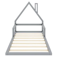 Letto Montessori a Forma di Casetta con Doghe in Legno, Letto per Cameretta per Bambini 4+ Anni, Senza Materasso, 90x200 cm, Grigio(m-2)