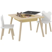 AIYAPLAY Set Masă și 2 Scaune pentru Copii 3-6 ani, cu Tablă de Scris și Loc de Depozitare, 60x60x44 cm, Lemn Natural(m-11)