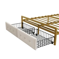 Lit multifonction 140×200 cm, compartiment de rangement intégré dans la tête de lit, prise USB et double tiroirs au pied du lit, sans matelas, Or+Blanc(m-7)