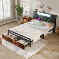 Lit multifonction 140×200 cm, avec éclairage d'ambiance changeant de couleur, prise USB et tiroirs de rangement, sans matelas, Brun(m-1)