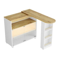 Table de bar extensible avec rangement, avec LED, Table haute bistrot îlot de cuisine, Grand espace de rangement, 138-204×39×105 cm, Blanc(m-7)