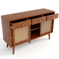 Sideboard 120 cm breit, Rattan Design mit verstellbaren Ablagen, massives Holzbein, für Wohnzimmer, Walnuss(m-11)