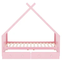 Letto per bambini a forma di casa, due cassetti sotto, senza materasso, 90×200 cm, Rosa(m-9)
