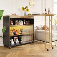 Bartisch mit LED, Stauraum und 138-204cm Teleskop für moderne Zuhause Gäste Schwarz(m-1)