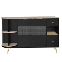 Anrichte Aufbewahrung 130 cm Freistehende mit LED-Leuchten und Glastür Schwarz(m-2)