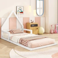 Letto Montessori a Forma di Casetta con Doghe in Legno, Letto per Cameretta per Bambini 4+ Anni, Senza Materasso, 90x200 cm, Bianco(m-6)