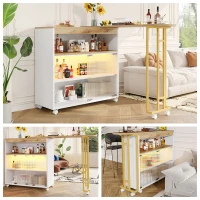 Ausziehbarer Bartisch mit Stauraum, Moderner Bar-Tisch mit LED, Beweglicher Stehtisch mit Schiebetüren, 138-204×39×105cm, Weiß(m-5)