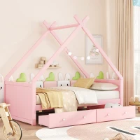 Letto per bambini a forma di casa, due cassetti sotto, senza materasso, 90×200 cm, Rosa(m-5)