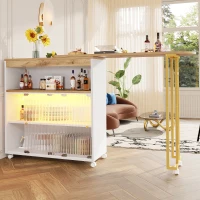 Ausziehbarer Bartisch mit Stauraum, Moderner Bar-Tisch mit LED, Beweglicher Stehtisch mit Schiebetüren, 138-204×39×105cm, Weiß(m-4)