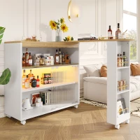 Table de bar extensible avec rangement, avec LED, Table haute bistrot îlot de cuisine, Grand espace de rangement, 138-204×39×105 cm, Blanc(m-1)