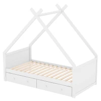 Letto a Casetta per Bambini con 2 Cassetti Estraibili, Letto per Cameretta in Legno e MDF, Senza Materasso, 90×200 cm, Bianco(m-9)