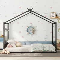 Lit pour enfant 140×200 cm, lit en fer en forme de maison,sans matelas, Noir(m-4)