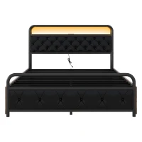 Lit multifonction 140×200 cm, avec éclairage d'ambiance, prises USB et 4 tiroirs,sans matelas, Noir(m-2)