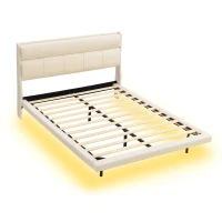 Letto imbottito moderno, con design sospeso e luce sensore, 140×200 cm,senza materasso,Beige(m-9)