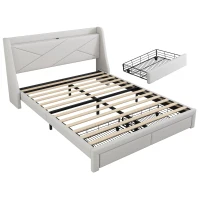 Lit rembourré 140x200 cm, avec rangement intégré dans la tête de lit, prise USB, et tiroirs au pied, sans matelas, Beige(m-9)