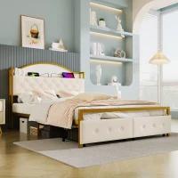 Lit multifonction 140×200 cm, compartiment de rangement intégré dans la tête de lit, prise USB et double tiroirs au pied du lit, sans matelas, Or+Blanc(m-5)