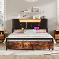 Lit multifonction 140×200 cm, avec éclairage d'ambiance changeant de couleur, prise USB et tiroirs de rangement, sans matelas, Brun(m-4)