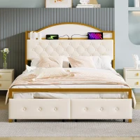 Lit multifonction 140×200 cm, compartiment de rangement intégré dans la tête de lit, prise USB et double tiroirs au pied du lit, sans matelas, Or+Blanc(m-4)