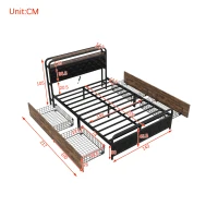 Lit multifonction 140×200 cm, avec éclairage d'ambiance, prises USB et 4 tiroirs,sans matelas, Noir(m-3)
